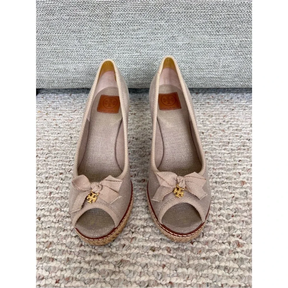 Tory Burch Jackie Canvas Bow Peep Toe Espadrille Wedges